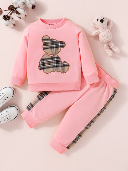 Adorable 2pcs Outfit For Toddler Girls & Boys - Bear Embroidery Sweatshirt & Splicing Pants! Outdoor Clothes