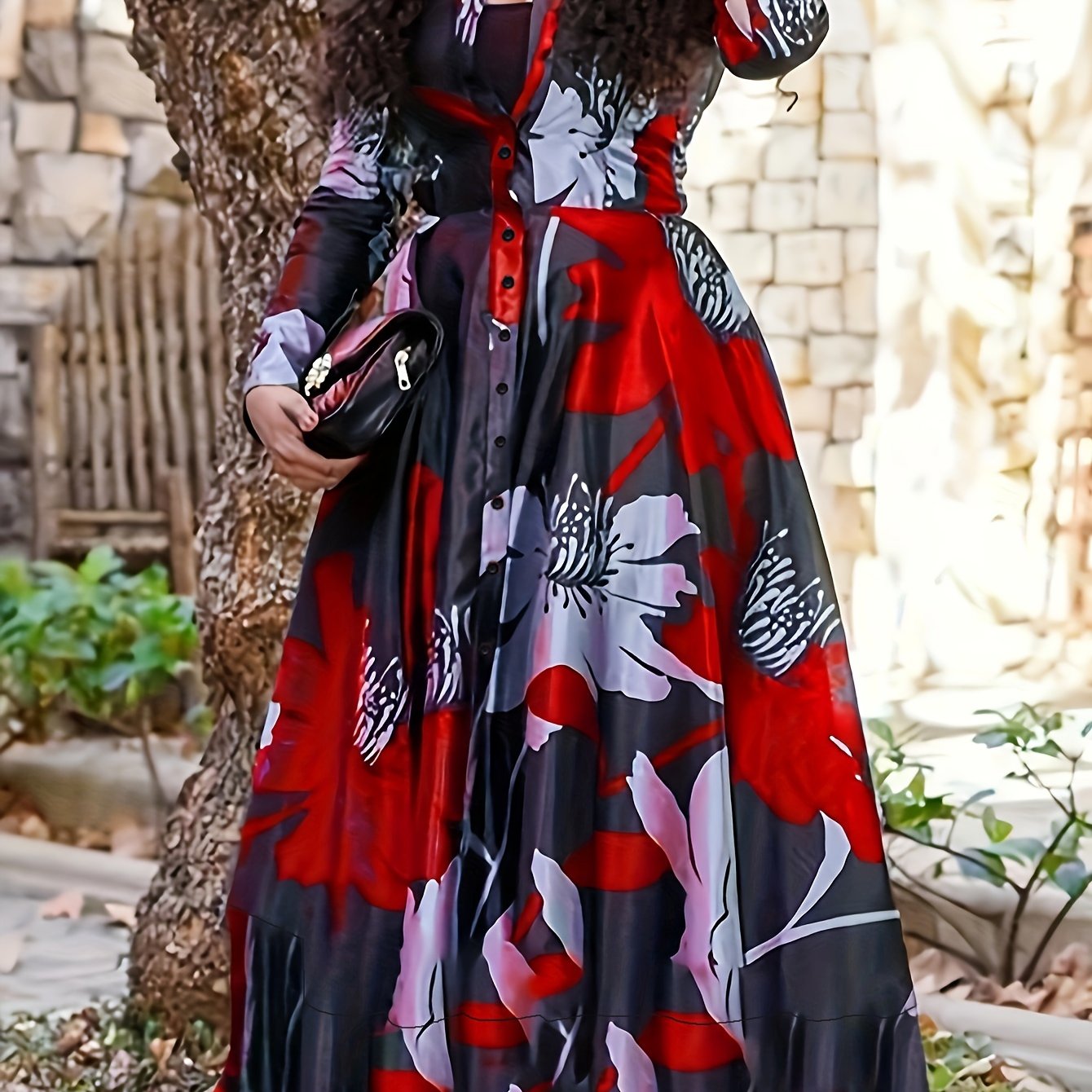 Plus Size Floral Print Button Front Dress, Casual Long Sleeve Collared Dress for Spring & Fall, Women's Plus Size Clothing