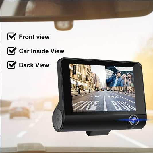 Nueva grabadora de conducción con visión nocturna de alta definición de tres lentes con instalación de ventosa, tres cámaras para la parte delantera, interior y trasera del automóvil, grabación sincronizada, con imagen inversa y grabación en bucle.
