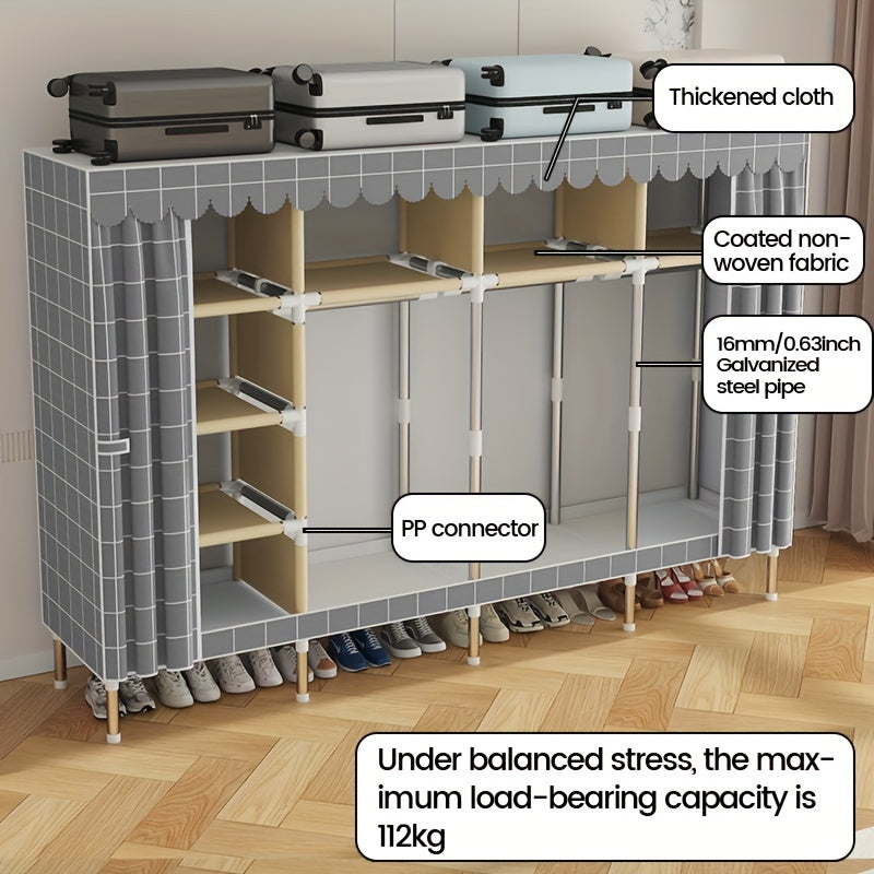 Simplified assembly of steel pipes with thickened reinforcement and 10 large capacity storage racks and 3 hanging clothes poles for storing wardrobes, easy and convenient assembly of checkered fabric cabinets
