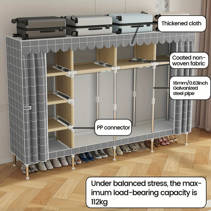 Simplified assembly of steel pipes with thickened reinforcement and 10 large capacity storage racks and 3 hanging clothes poles for storing wardrobes, easy and convenient assembly of checkered fabric cabinets