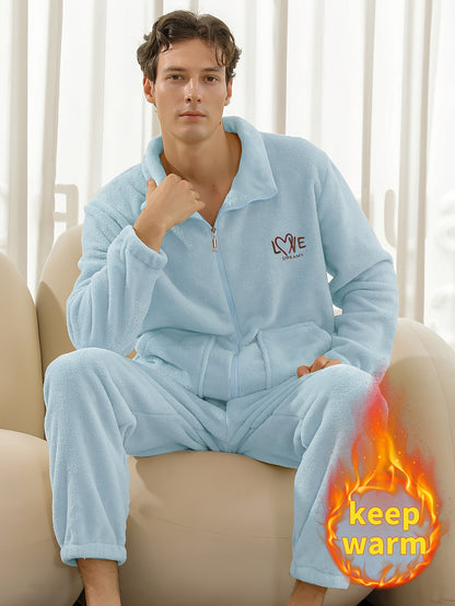 Conjunto de pijama de hombre con camiseta y pantalón de franela con bordado de letras, cuello alto, cremallera y manga larga para otoño e invierno.