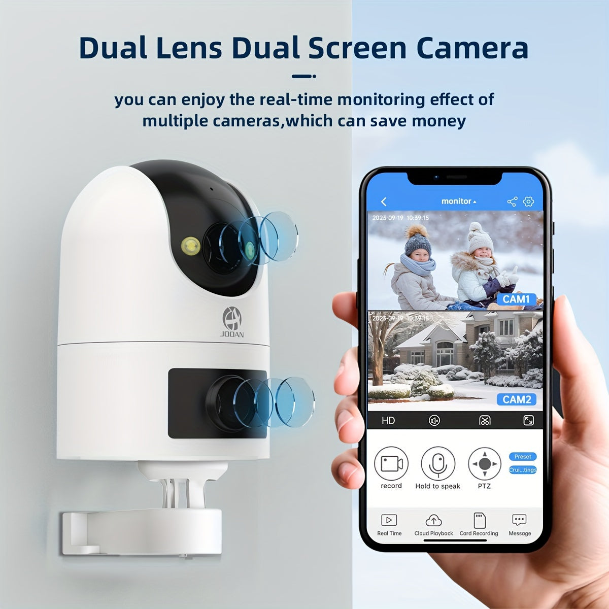 JOOAN 4K Outdoor Dual Lens PTZ WiFi Camera, 5G Compatible, Wall Hanging, 1296p Video, Two-Way Audio, HD Resolution, Application Control, Audio & Motion Alerts, Color Display, USB Power, without Battery, for Security Monitorin