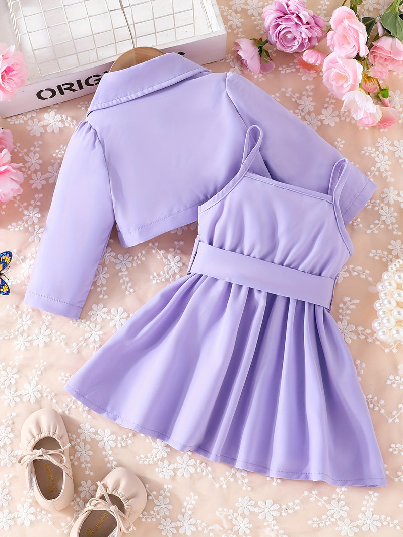 Baby Girls Fashion Button Long Sleeve Lapel Collar Coat + Bow Pleated Suspender Skirt Two-piece Set Outdoor Clothing