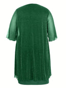 Plus Size - Elegant Plus Size Two-Piece Dress with Mesh Overlay - Navy Blue, Round Neck, Sleeveless, Flowy Design for Spring/Summer, Polyester Blend, Women'S Fashion, Plus Size Dresses