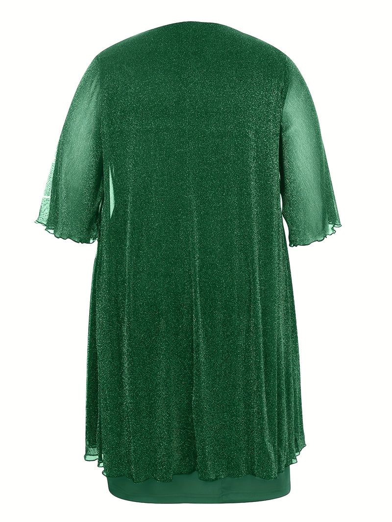 Plus Size - Elegant Plus Size Two-Piece Dress with Mesh Overlay - Navy Blue, Round Neck, Sleeveless, Flowy Design for Spring/Summer, Polyester Blend, Women'S Fashion, Plus Size Dresses