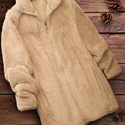 Plus Size Solid Color Fuzzy Coat, Casual Zipper Front Long Sleeve Warm Outerwear For Fall & Winter, Women's Plus Size Clothing
