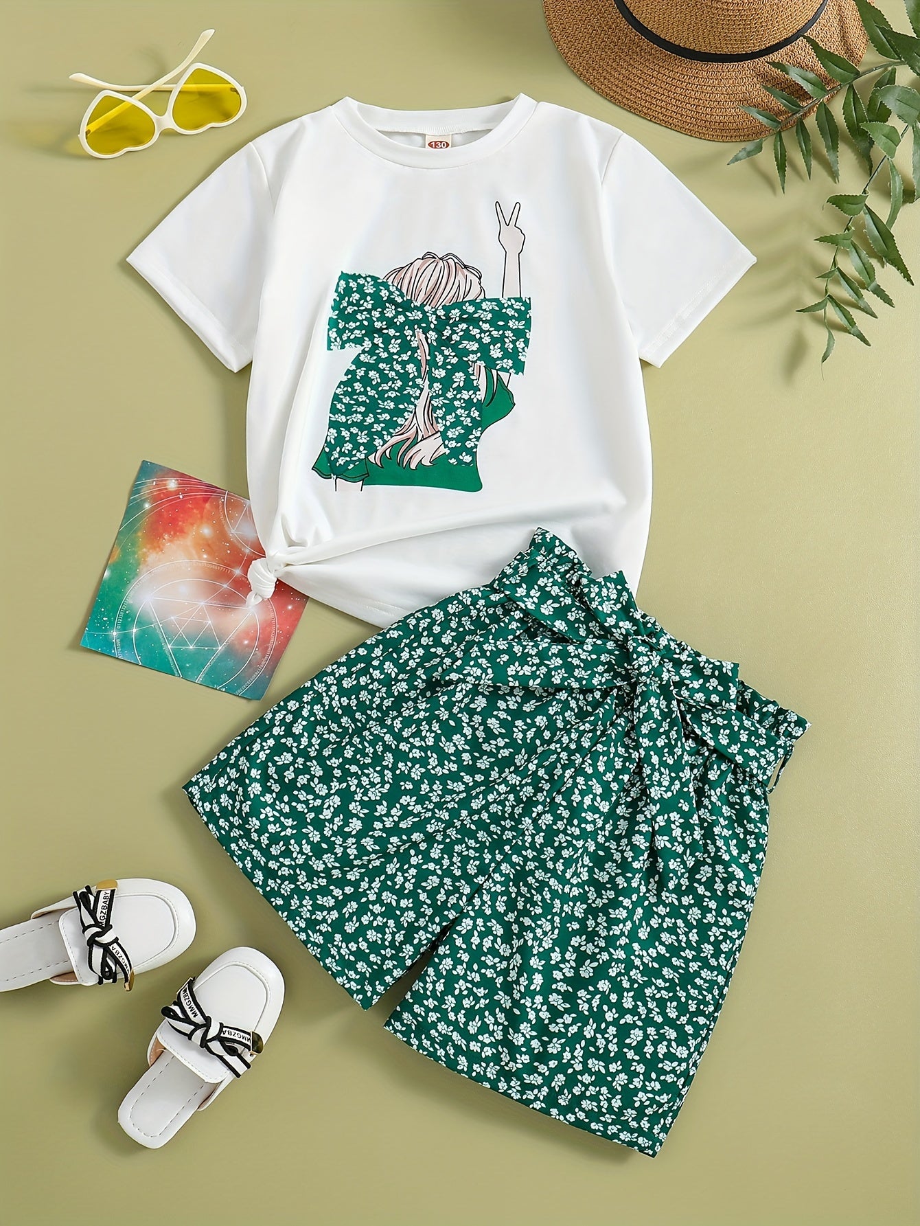 Girls' Summer Casual Outfit Set - Cartoon Print Bow T-Shirt & Floral Shorts with Belt, Breathable Polyester Blend, Perfect for Outdoor