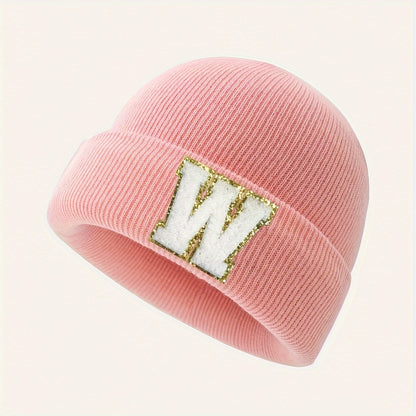 1pc Children's Knitted Hat with 26 Alphabet Letters, Pink Acrylic Stretchable Cap for Toddlers, Hand Washable, Breathable, Daily & Casual Wear, Perfect for Birthday Occasion