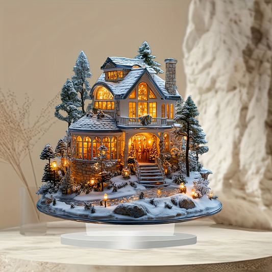 Lámpara de cabaña navideña vintage europea de lujo: romántica casa de ensueño con nieve invernal. Detalles exquisitos que iluminan un cálido ambiente festivo. Decoración festiva mágica de estilo ateniense para el hogar. Acrílico. Estilo cabaña.