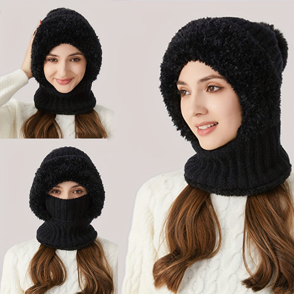 1pc Winter Warmth Acrylic Fleece-Lined Knit Beanie with Ear Flaps, Windproof Neck Gaiter Hood for Outdoor Cycling, Stretchable New Year'S Gift Hat, 100% Acrylic Woven Craftsmanship