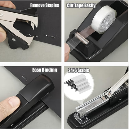 9 Pcs Office Supplies Bundle - Manual Desktop Stapler, Tape Dispenser, Scissors, Paper Clips Set, Binder Clips, Index Tabs &amp; Sticky Notes