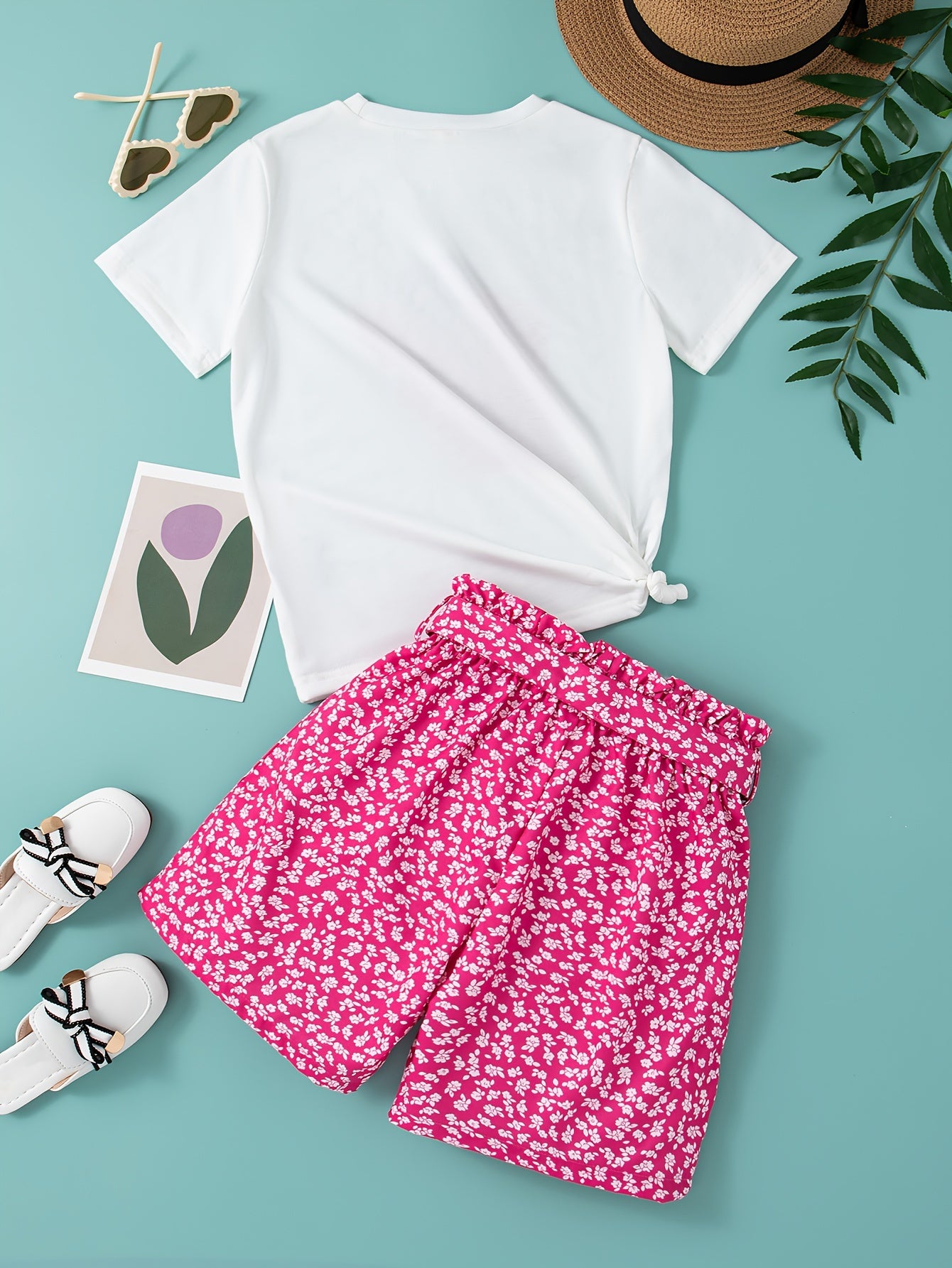 Girls' Summer Casual Outfit Set - Cartoon Print Bow T-Shirt & Floral Shorts with Belt, Breathable Polyester Blend, Perfect for Outdoor