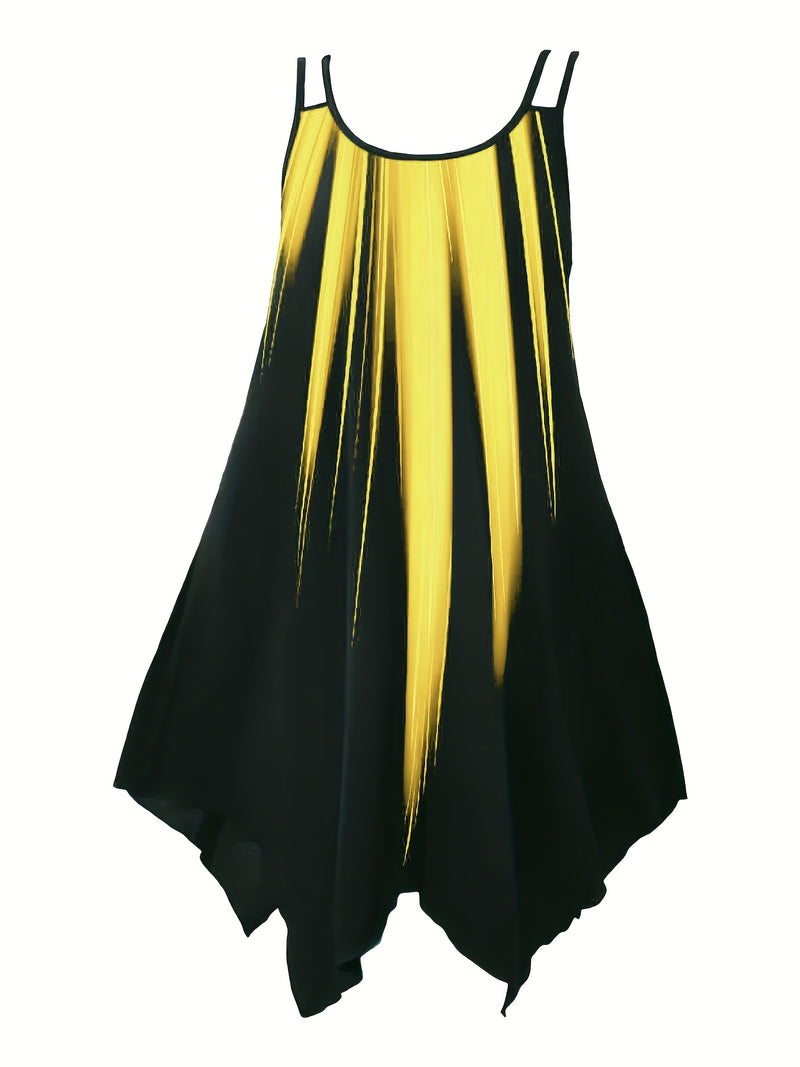 Plus Size Ombre Print Cami Dress, Vacation Style Asymmetrical Hem Sleeveless Crew Neck Dual Strap Dress For Spring & Summer, Women's Plus Size Clothing