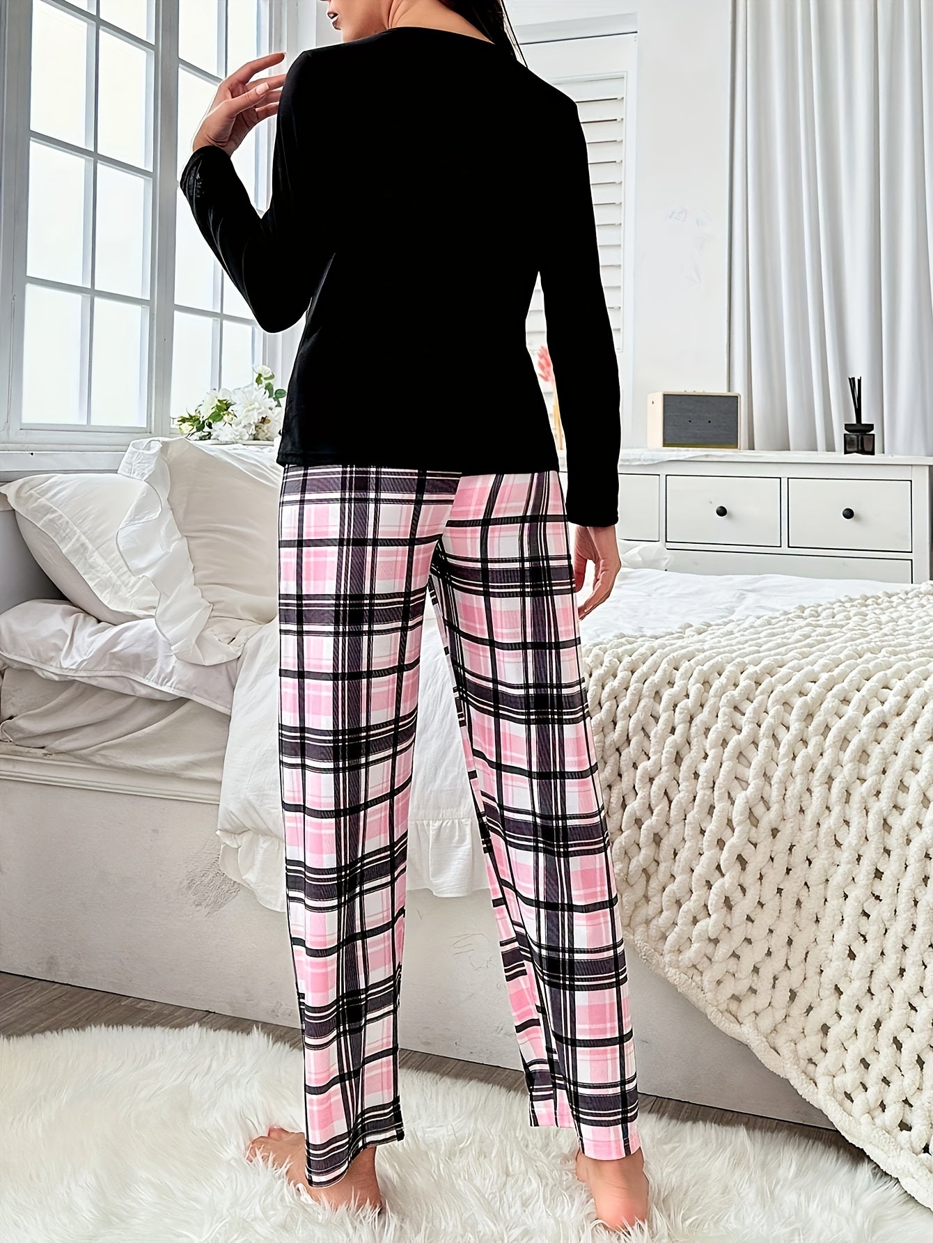 Pijama informal para niñas y adolescentes, con estampado de corazones pequeños, camiseta de manga larga y pantalón a cuadros, cómodo, suave, bonito y bonito.