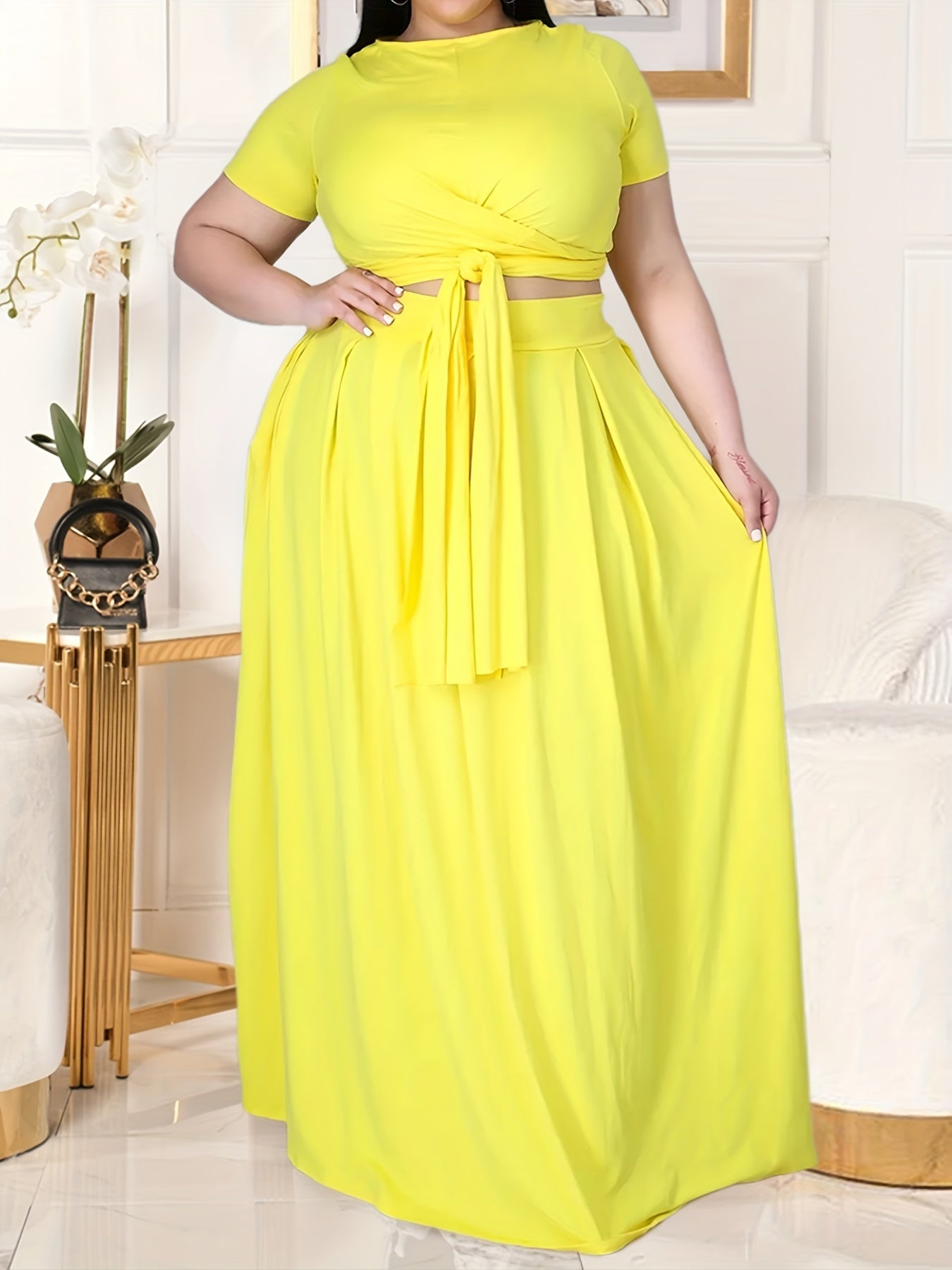 Plus Size Women's Solid Color Cross Tie Maxi Skirt Set, Casual Polyester Knit Dress with Short Sleeves, Round Neck, Pullover, Elastic Fabric, Fashionable Two-Piece Outfit