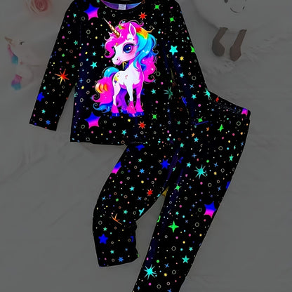 Little Girl 2pcs Set with Unicorn Long Sleeve Top and Star-printed Pants Set for Autumn and Winter, Casual and Cute Style, Home Wear Set