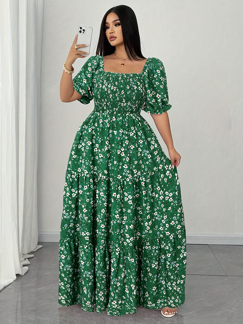 Women's Summer Square Neck Elastic Waist Floral Print Puff Sleeve A-Line Maxi Dress - Lightweight Breathable Machine Washable Plus Size Flowy Long Dress for Beach Vacation & Casual Outings, Beach Dresses