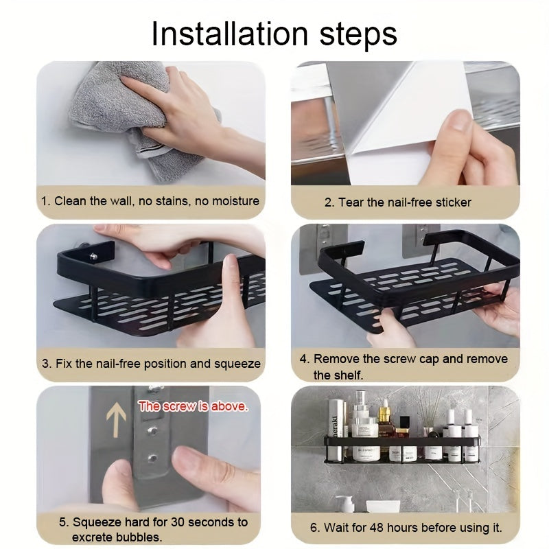 Easy-Install No-Drill Wall Shelf for Bathroom & Kitchen - Durable Plastic Shower Caddy with Hooks, Perfect for Shampoo & Accessories Storage