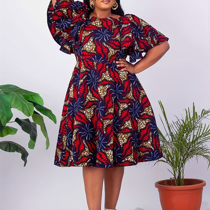 Women's Plus Size Floral Print Dress - Casual Crew Neck, Short Sleeve with Ruffle Hem, Machine Washable - Perfect for Spring & Fall, Plus Size Casual Dress