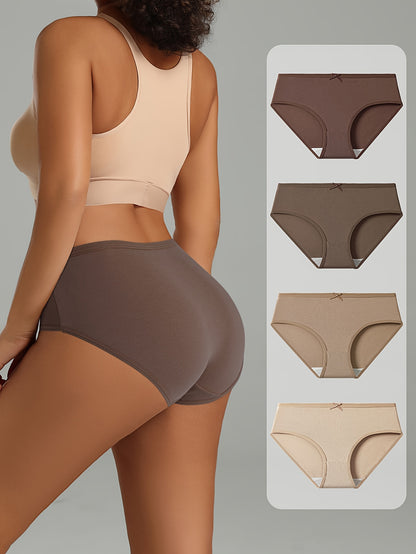 4 calzoncillos sexys de algodón para mujer: cómodos y transpirables con detalle de lazo, color liso.