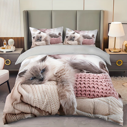 3pcs Cat Print Bedding Set - Includes 1 Duvet Cover & 2 Pillowcases, Breathable Polyester, Machine Washable - Perfect for All Seasons