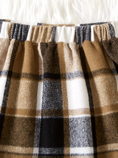 Elegant Girls' 2pcs Set: Mock Turtleneck Long Sleeve Top with Asymmetrical Plaid Skirt & Waist Detail - Machine Washable, Polyester Blend