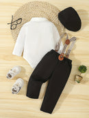 Conjunto de caballero para bebé primavera/otoño: mono con pajarita, pantalón con tirantes y gorro. Traje para bebé y niño pequeño para ocasiones formales al aire libre, fotografía, cumpleaños y bodas. Ropa de exterior.