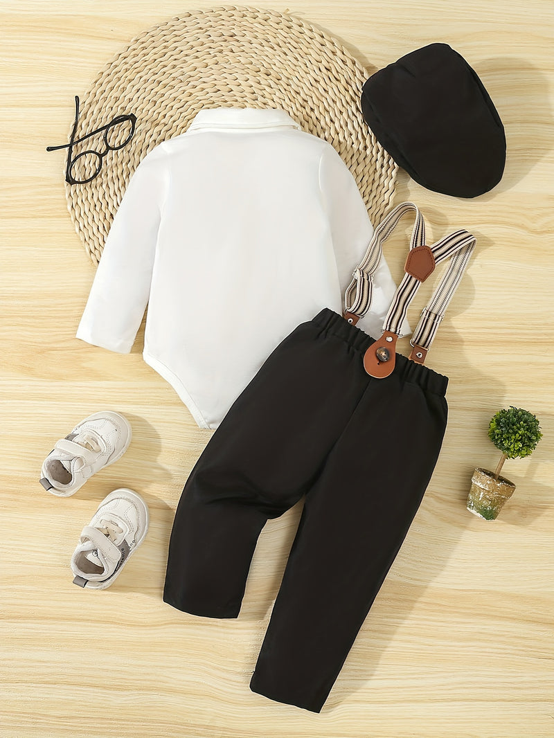 Conjunto de caballero para bebé primavera/otoño: mono con pajarita, pantalón con tirantes y gorro. Traje para bebé y niño pequeño para ocasiones formales al aire libre, fotografía, cumpleaños y bodas. Ropa de exterior.
