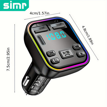 SIMR Wireless FM Transmitter Car Charger, Dual USB &amp; Type-C, 3.1A Fast Charging, MP3 Player, Hands-Free Calling, Audio Receiver with Ambient Light, USB Type-C Connector, Matte Finish, Female to Male Adapter