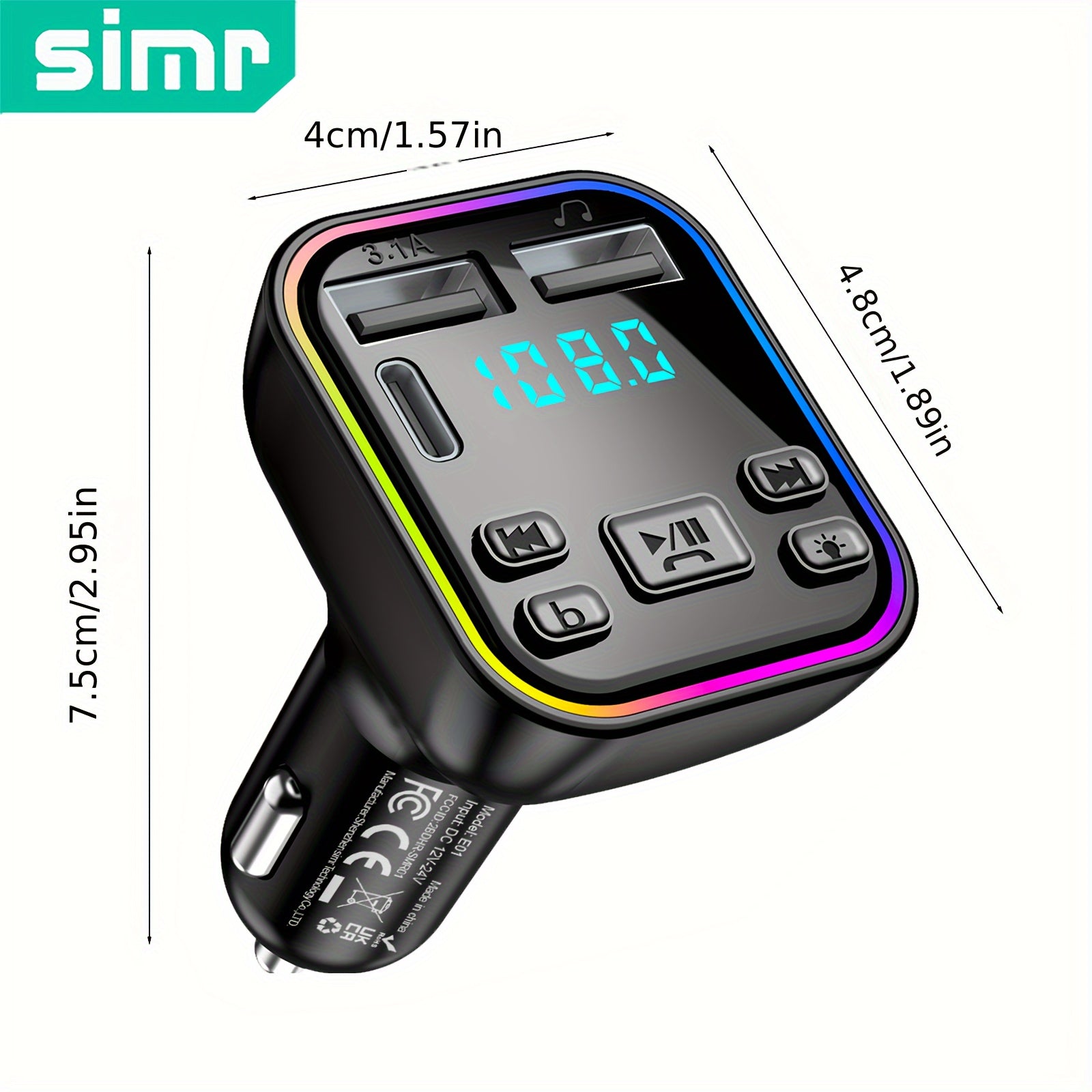 Cargador de coche con transmisor FM inalámbrico SIMR, doble USB y tipo C, carga rápida de 3,1 A, reproductor de MP3, manos libres, receptor de audio con luz ambiental, conector USB tipo C, acabado mate, adaptador hembra a macho.