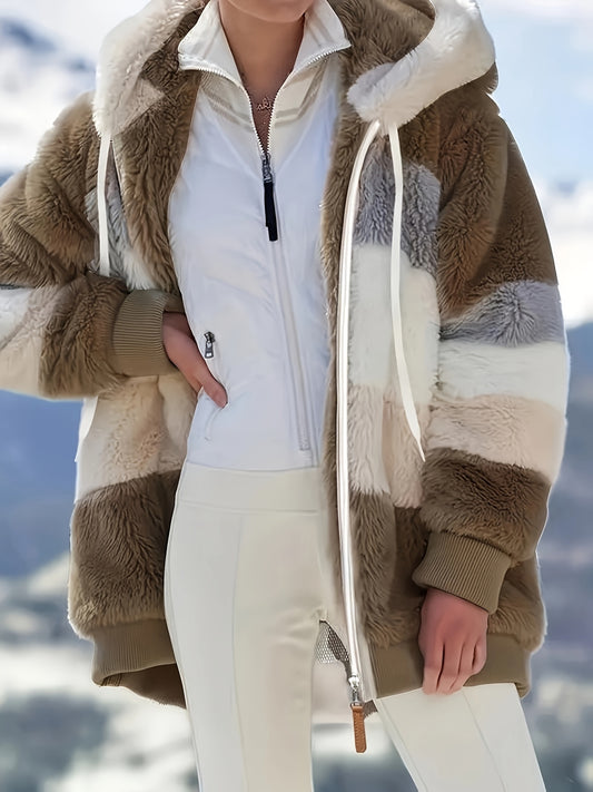 Trendy European And American Autumn And Winter Oversized Color-Block Plush Zip-Up Hooded Jacket for Women [Other Mountain Orientation]