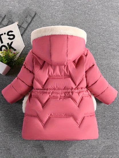 Girl's Solid Color Long Sleeve Hooded Warm Jacket, Faux Furry HoodedComfy Trendy Winter Warm Coat With Detachable Gloves As Gift