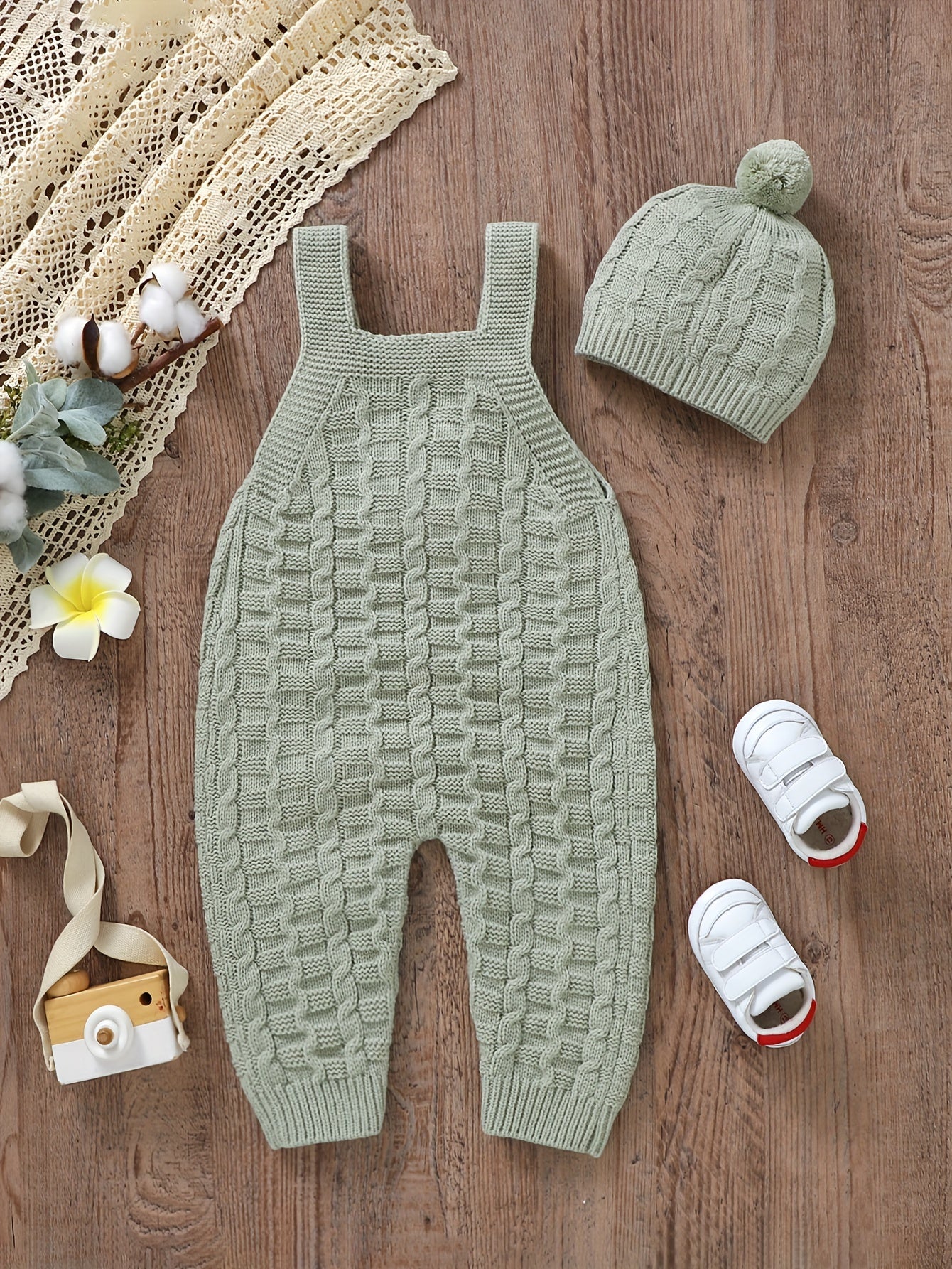 Infant Baby Knitted Suspender Jumpsuit, Long Legs Climbing Suit With Hat Set, Unlined, Suitable For Indoor And Outdoor Wear