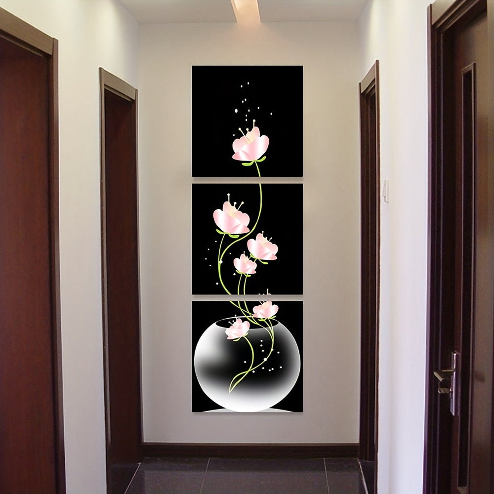 3 lienzos cuadrados con flores rosas, arte de pared para sala de estar, entrada, decoración del hogar, sin marco.