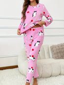 [Home Relaxation] Cozy & Warm Women's Fleece Pajama Set in Green with White Cartoon Rabbit Pattern - Soft Polyester, Anti-Static, Machine Washable - Elegant Home Loungewear with Round Neck Top & Pants for Fall/Winter, Plus Si