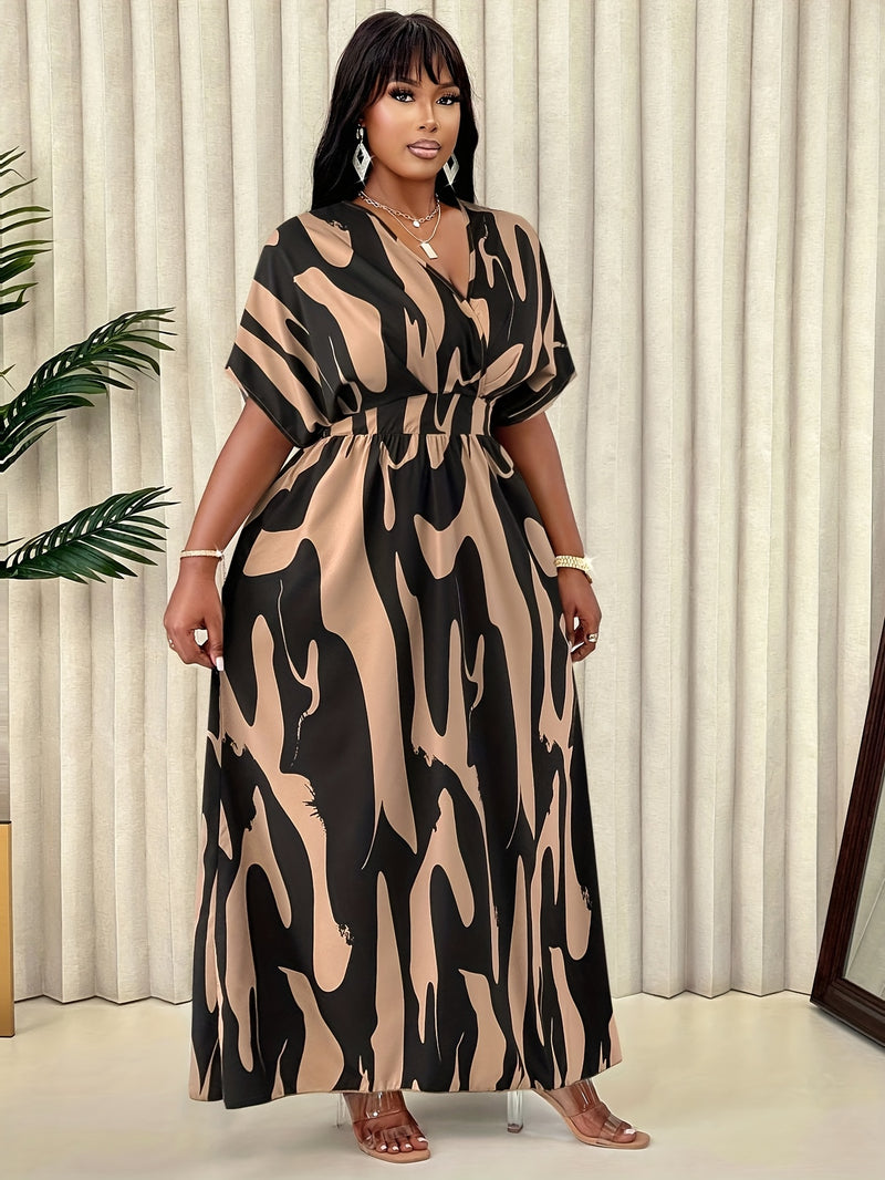 Women'S Plus Size Elegant V-Neck Dress with Abstract Pattern - Casual Spring/Summer Style, Knee-Length, Sleeveless, Adjustable Waist Cincher, Casual Summer Dress|Kneelength Dress|Vneck Design, Plus Size Dress
