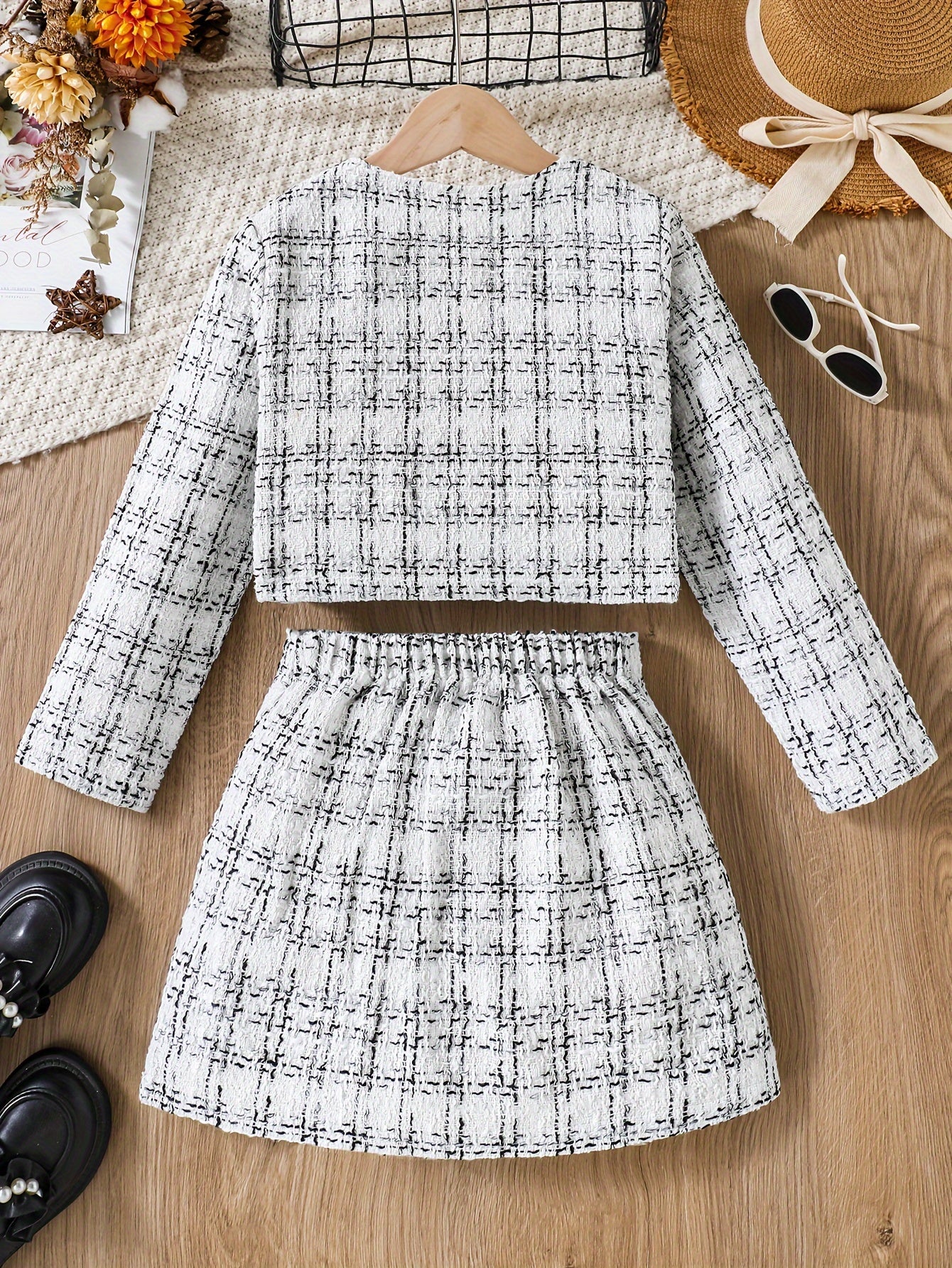 [2pcs] Elegant Tweed Knit Crew Neck Plaid Jacket + Skirt Set Girls Outdoor Outfit, Suitable For Spring Fall