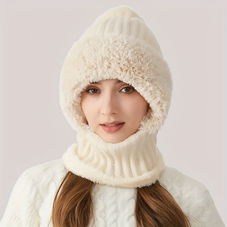 1pc Winter Warmth Acrylic Fleece-Lined Knit Beanie with Ear Flaps, Windproof Neck Gaiter Hood for Outdoor Cycling, Stretchable New Year'S Gift Hat, 100% Acrylic Woven Craftsmanship