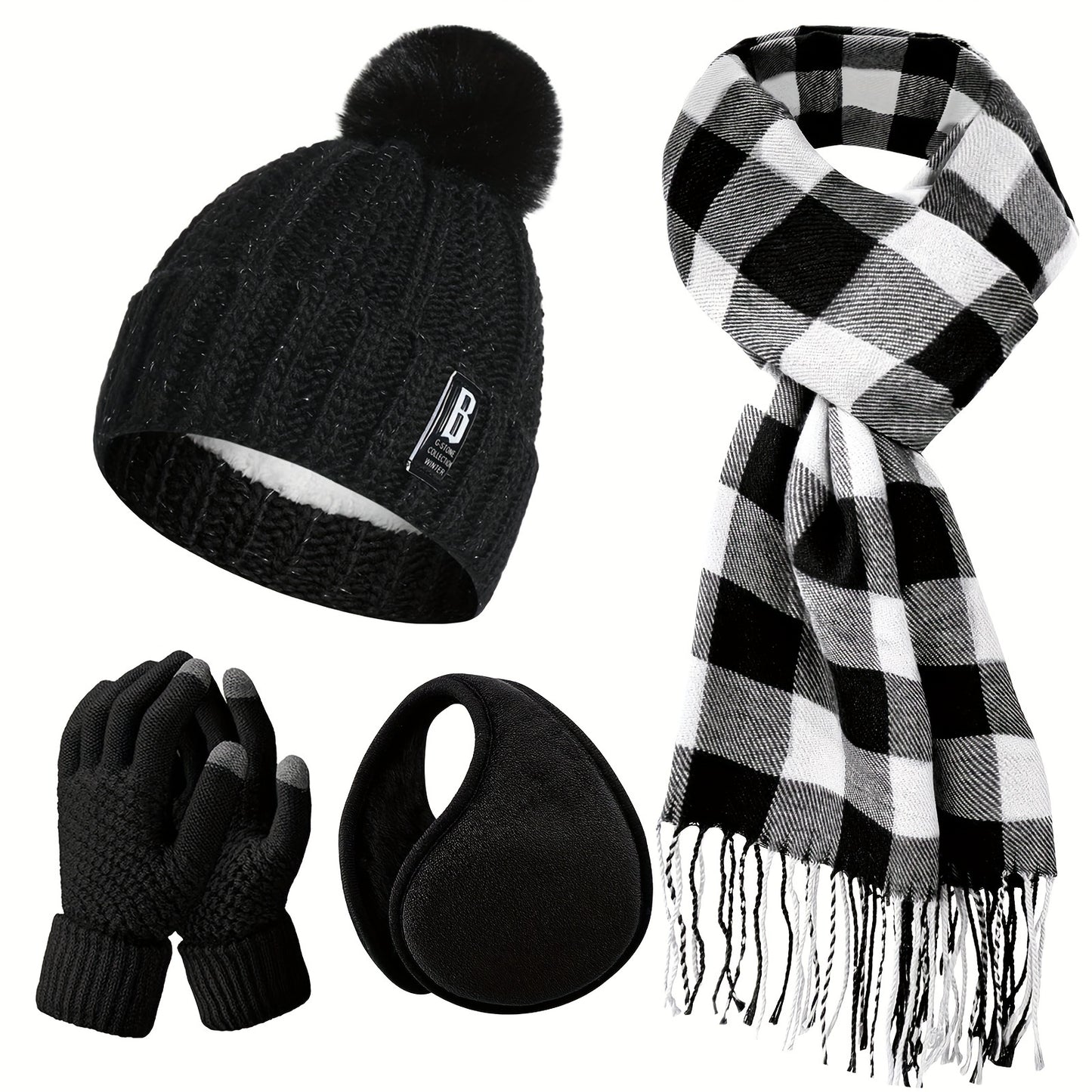 4pcs Winter Warm Accessory Set - Knitted Hat, Touch Screen-Compatible Mittens, Scarf, Ear Warmer - Polyester, Hand Washable, Simple Style - Ideal Gift for Adults, No Feather