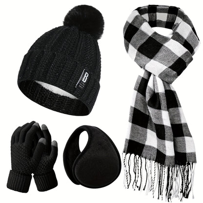 4pcs Winter Warm Accessory Set - Knitted Hat, Touch Screen-Compatible Mittens, Scarf, Ear Warmer - Polyester, Hand Washable, Simple Style - Ideal Gift for Adults, No Feather