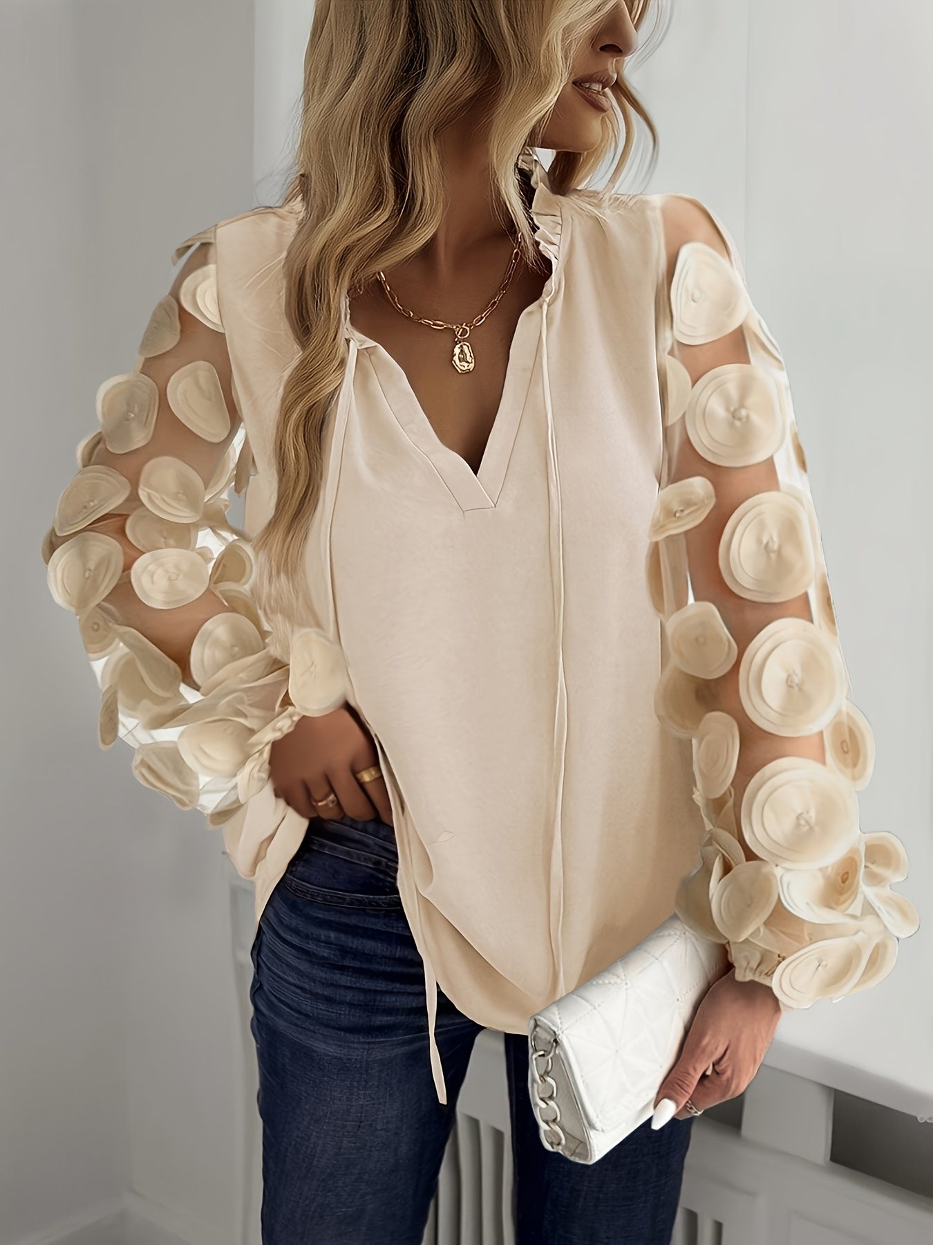 Plus Size Women'S Elegant White Blouse with Floral Mesh Sleeves - Long Sleeve, Notched Collar, Oversized Fit, Perfect for Night Outs, Casual to Formal Attire, Plus Size Blouse | Floral Pattern Top | Mesh Fabric Detail, Plus S