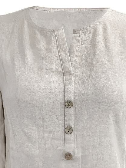 V-Neck Button-Up Top - Loose Fit Solid Color Pullover, Fashionable Casual V-Neck Shirt for Women, Relaxed Fit, Non-Stretch Cotton Linen Blouse