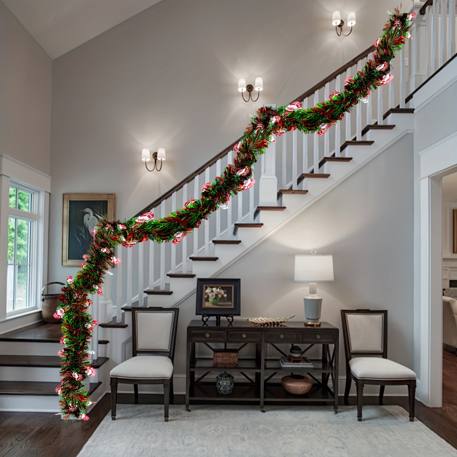 4.98meter Red & Green Metallic Twist Tinsel Garland with Shiny Ornaments, Plastic Christmas Tree & Party Supplies, Indoor & Outdoor Festive Decor, No Power Required