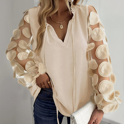 Plus Size Women'S Elegant White Blouse with Floral Mesh Sleeves - Long Sleeve, Notched Collar, Oversized Fit, Perfect for Night Outs, Casual to Formal Attire, Plus Size Blouse | Floral Pattern Top | Mesh Fabric Detail, Plus S