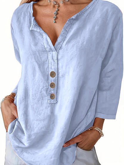 V-Neck Button-Up Top - Loose Fit Solid Color Pullover, Fashionable Casual V-Neck Shirt for Women, Relaxed Fit, Non-Stretch Cotton Linen Blouse
