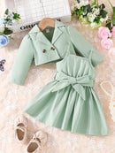 Baby Girls Fashion Button Long Sleeve Lapel Collar Coat + Bow Pleated Suspender Skirt Two-piece Set Outdoor Clothing