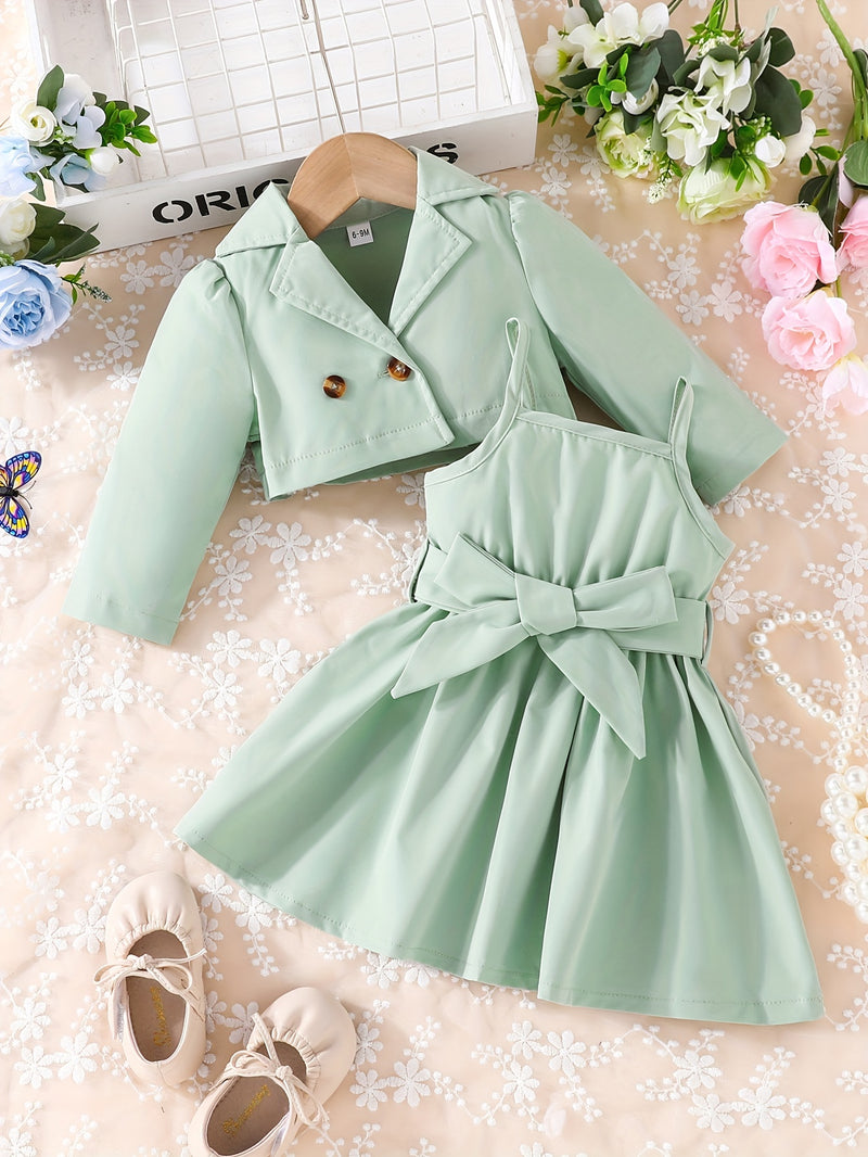 Baby Girls Fashion Button Long Sleeve Lapel Collar Coat + Bow Pleated Suspender Skirt Two-piece Set Outdoor Clothing