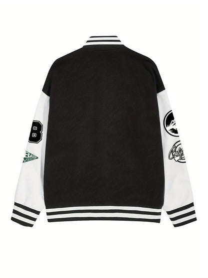 Chic Plus Size Women's Baseball Jacket - Casual Fall/Winter Coat with Letter Print, Button-Up Front, Machine Washable
