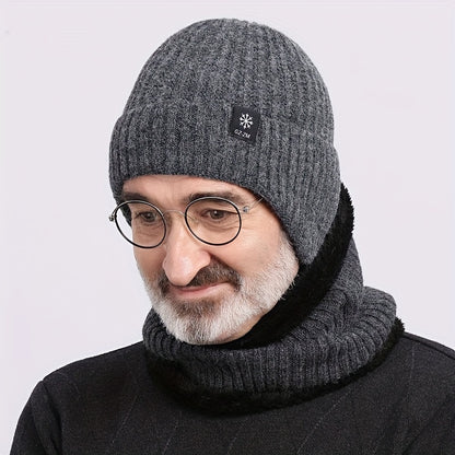 Men's Winter Knit Beanie with Ear Flaps - Thick, Warm & Cozy for Middle-Aged and Elderly - Gray, Autumn, Fleece